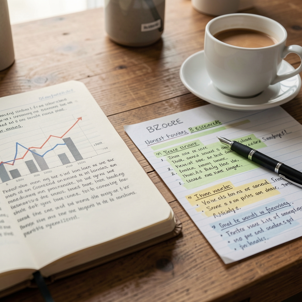 Close view of an editorial notebook beside highlighted research notes and a cup on a wooden desk