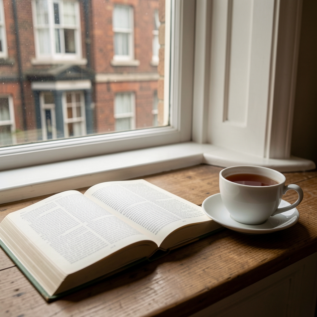 Open journal beside a cup of tea and a softly lit Glasgow window, suggesting reflective reading