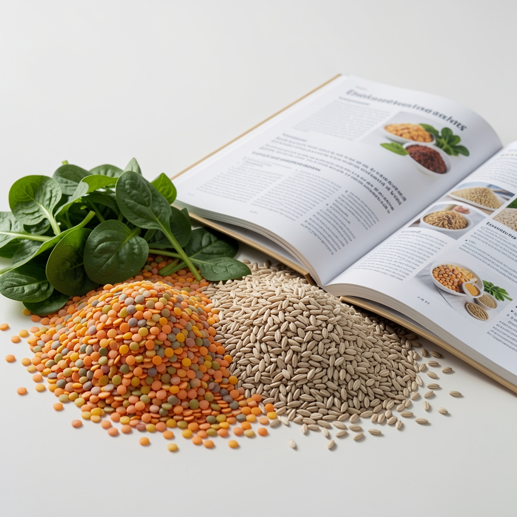 Colourful lentils, leafy greens and whole grains arranged beside an open nutrition guide