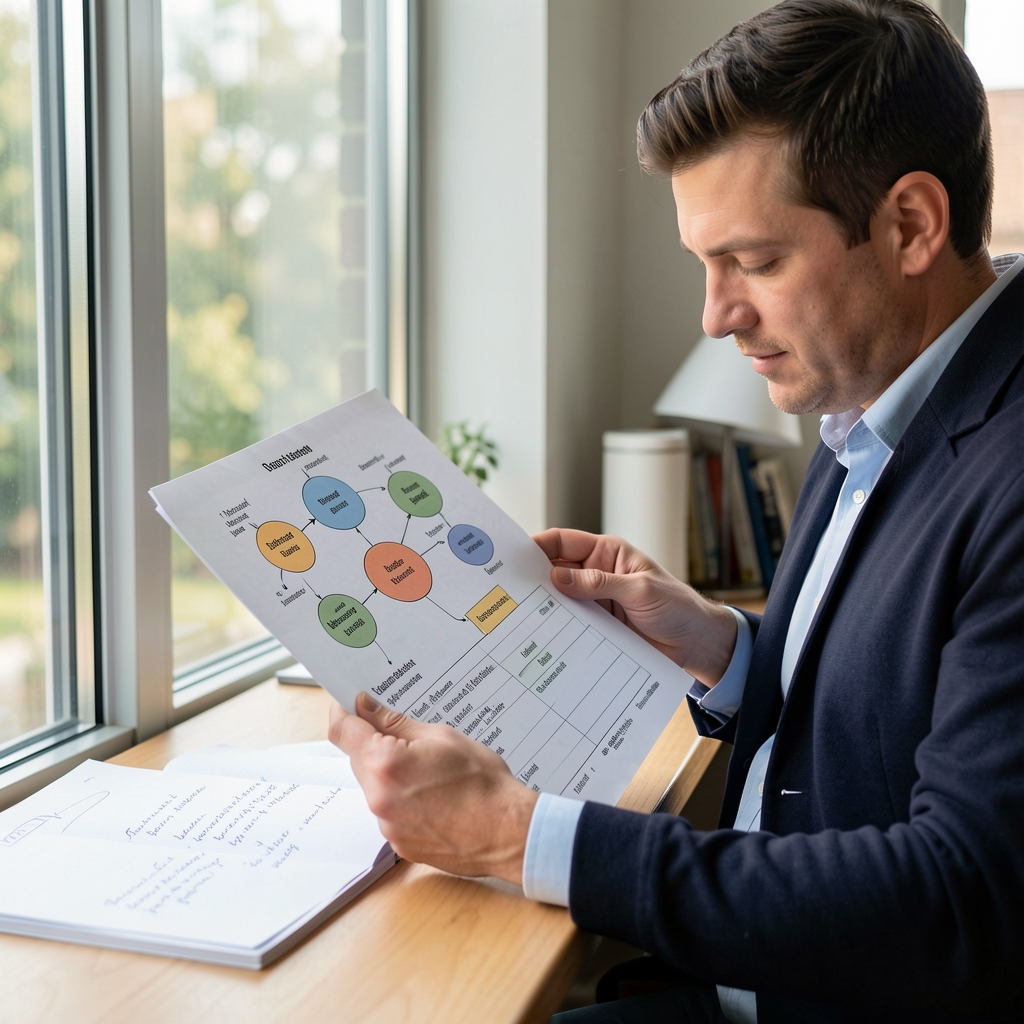 Reader comparing a cognitive research chart with handwritten notes beside a window