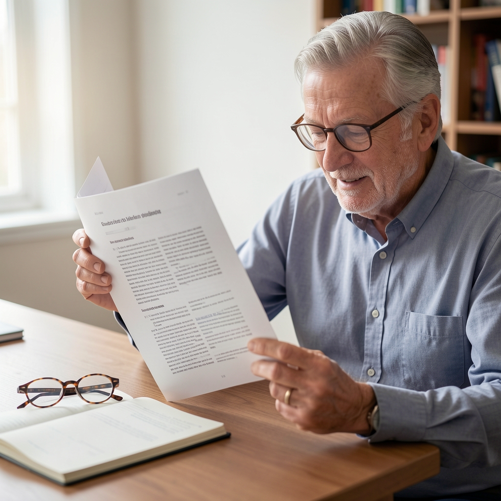 Mature reader highlighting a neuroscience article beside spectacles and a notebook