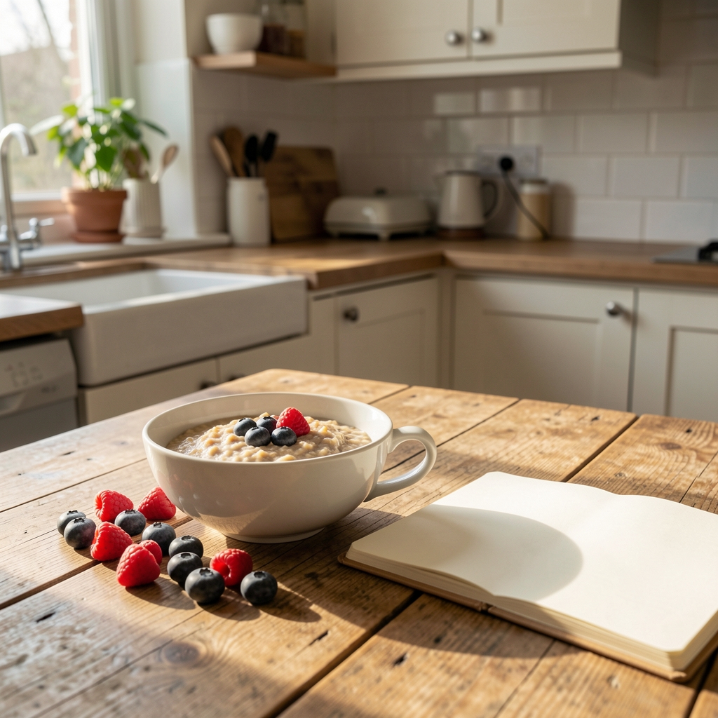 Morning light across a Glasgow kitchen table with porridge, berries and an open notebook