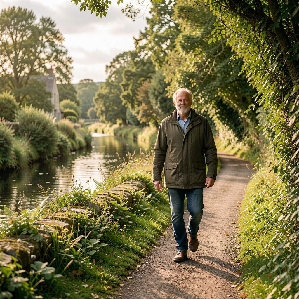Mature person walking beside a leafy Scottish canal path in soft afternoon light