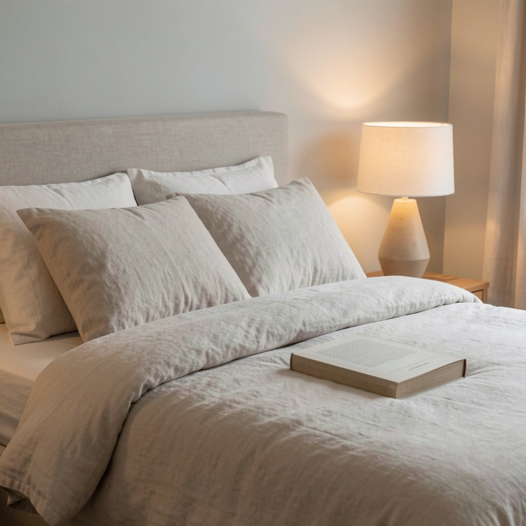 Calm bedroom with linen bedding, bedside lamp and a closed book ready for evening reading