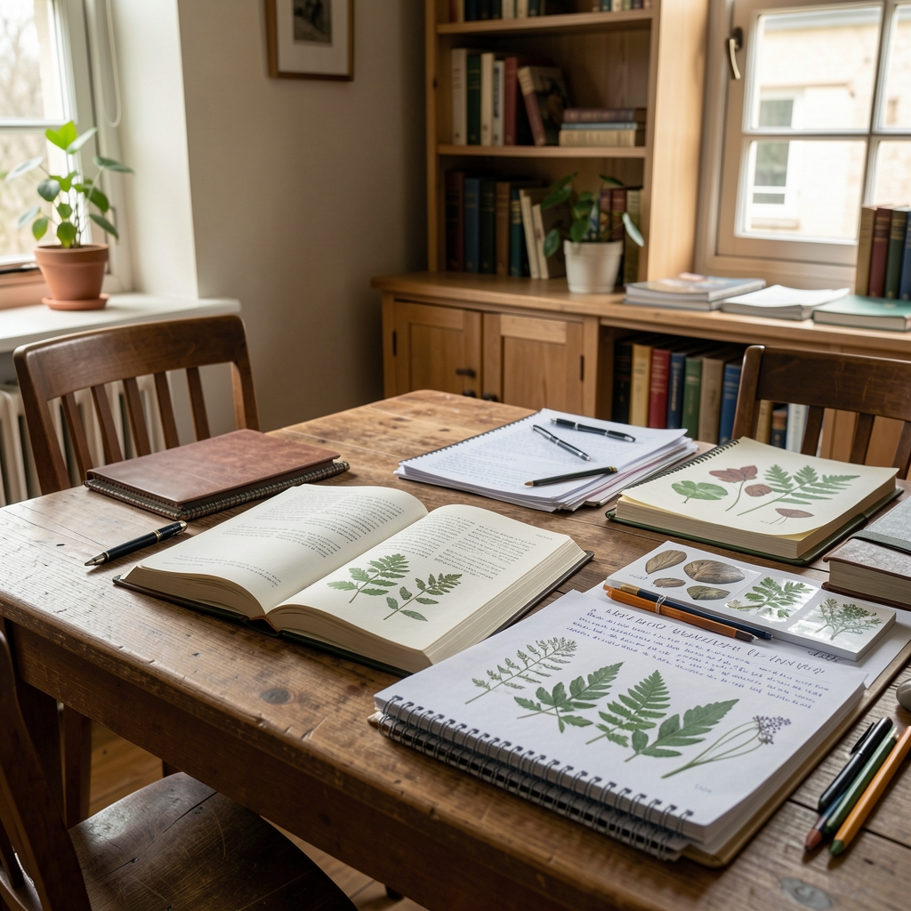 Quiet Glasgow reading room with an open journal, research notes and botanical study materials on a wooden desk