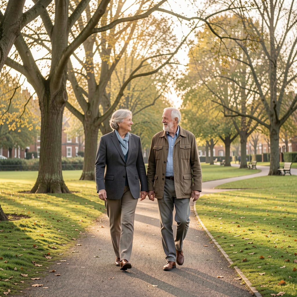Older couple walking beside a Glasgow park with trees and gentle morning light
