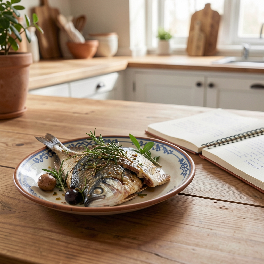 Mediterranean-style plate with oily fish, herbs and a research notebook on a kitchen table