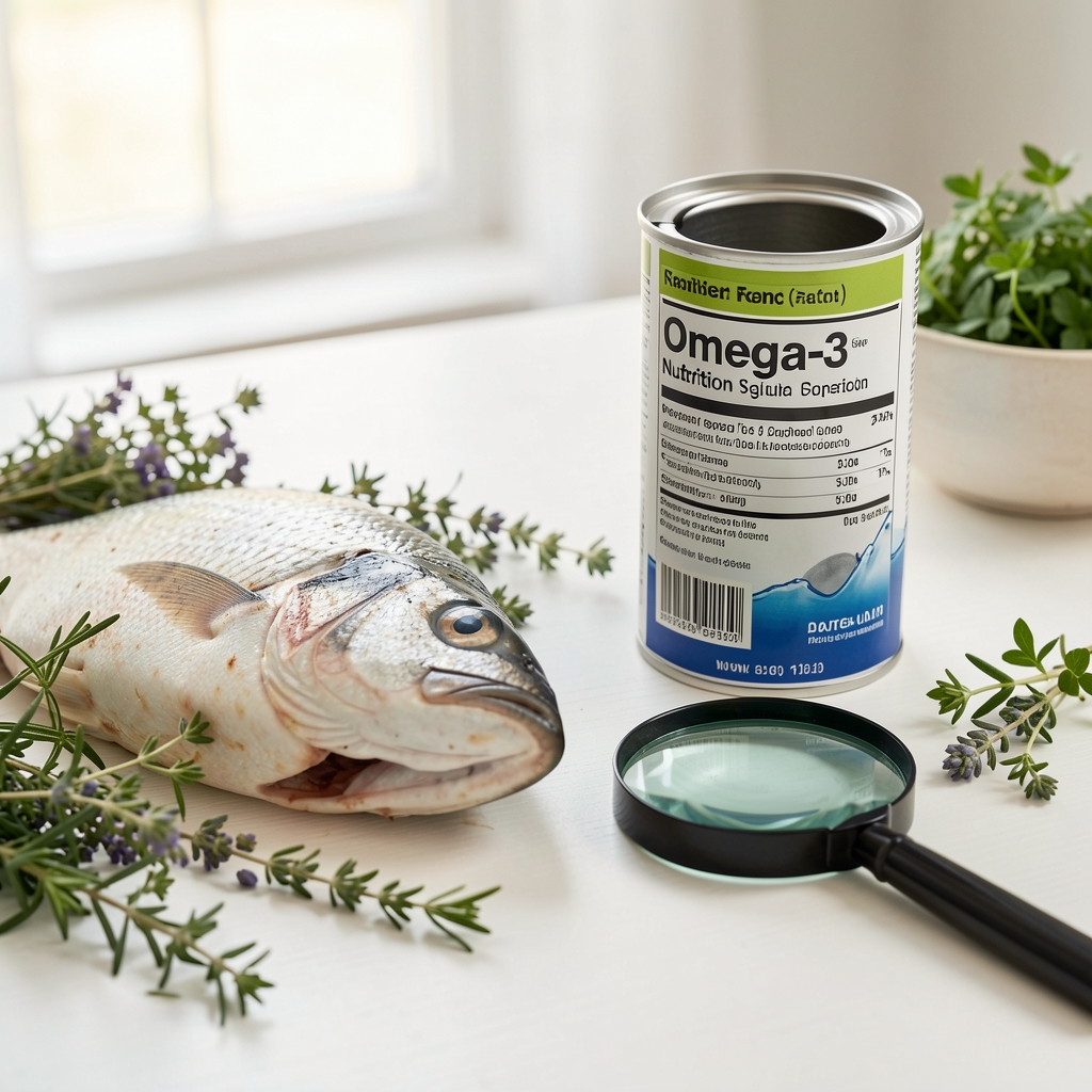 Open omega-3 nutrition label beside oily fish, herbs and a magnifying glass on a bright table