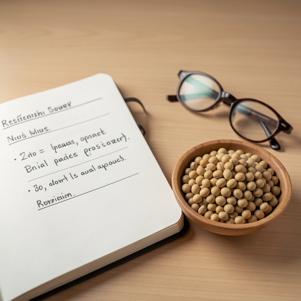 Small bowl of soybeans beside a labelled research notebook and reading glasses