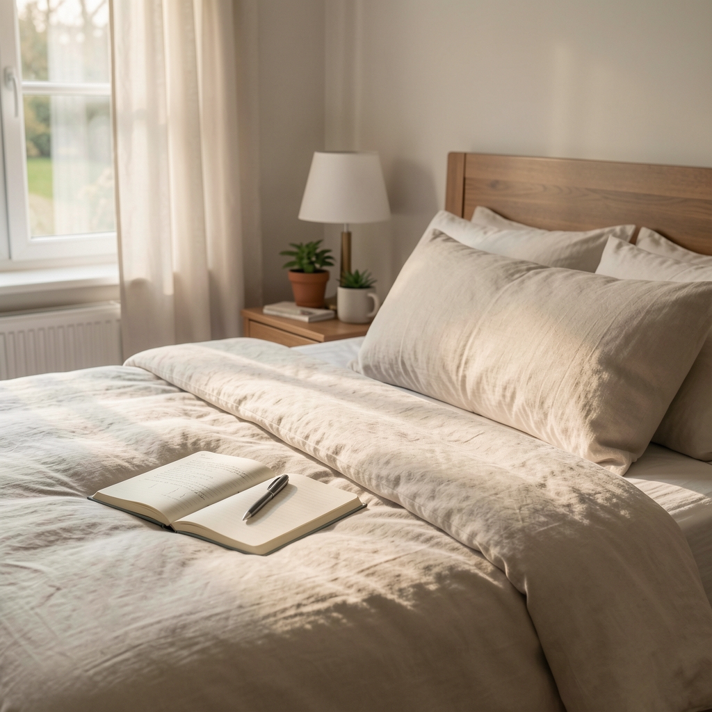 Quiet bedroom with morning light, linen bedding and a bedside notebook for recording sleep patterns
