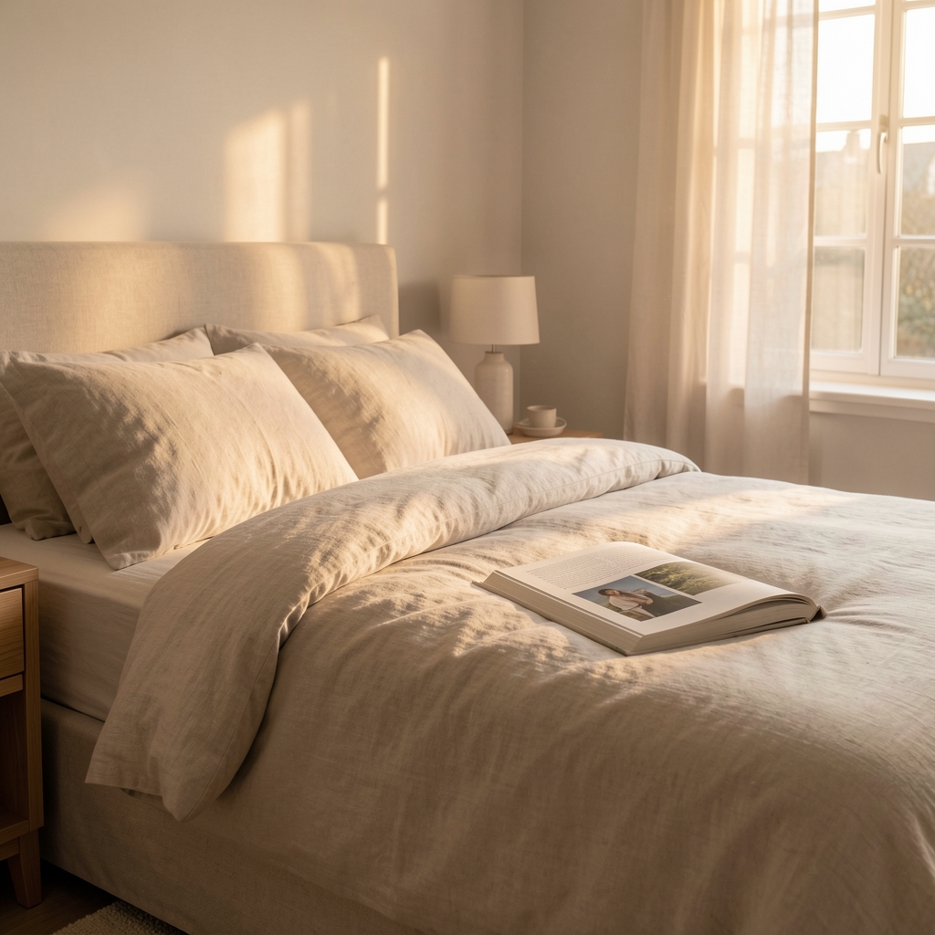Calm bedroom at dawn with linen bedding, a book and soft natural light